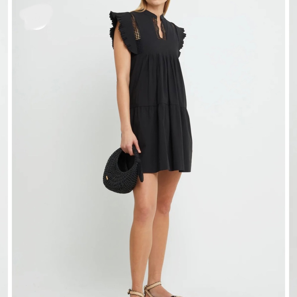 kourt Callan Dress Black Pintuck Pleat Flutter Sleeve Mini Tiered